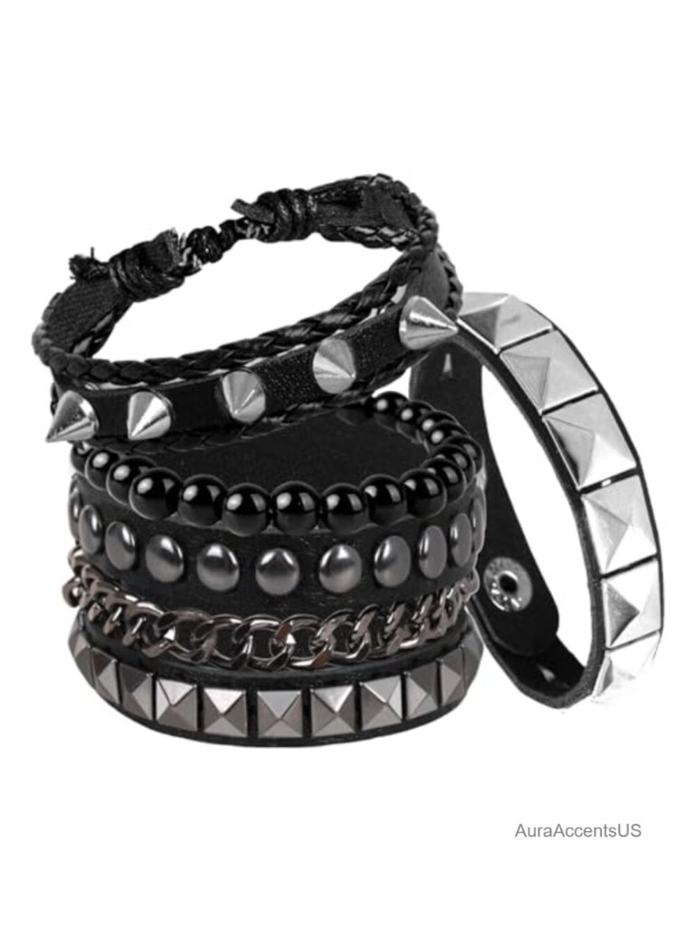 4pc Punk Studded Leather Bracelets Set Gothic Hematite Cuff